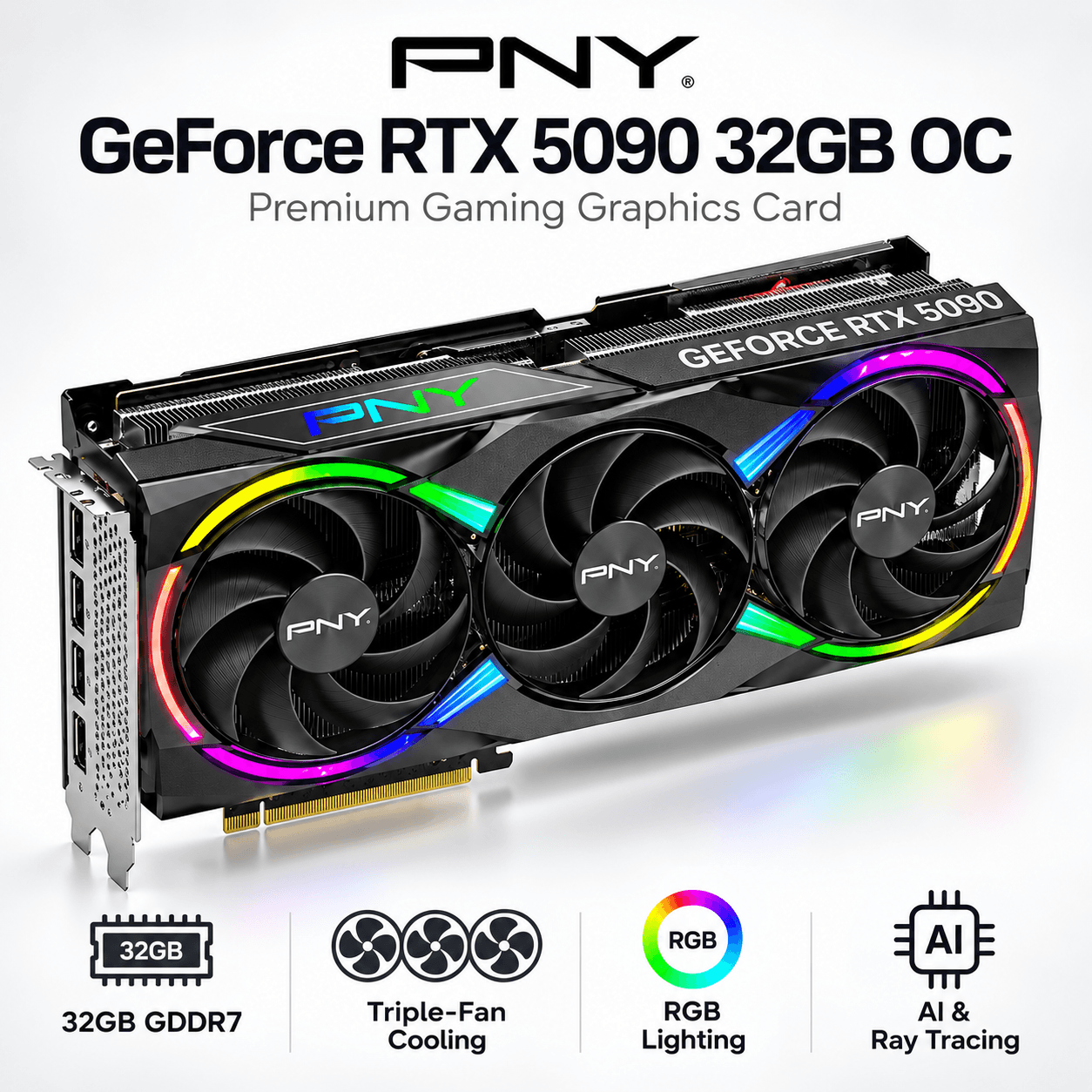 PNY GeForce RTX 5090 32GB Overclocked Triple Fan Graphics Card – GDDR7, 2527MHz Boost, PCIe 5.0, DP 2.1b, HDMI 2.1b
