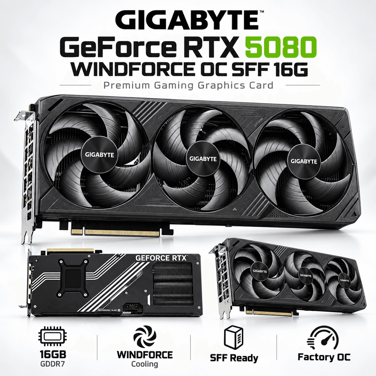 GIGABYTE GeForce RTX 5080 WINDFORCE OC SFF 16G Graphics Card – 16GB GDDR7, 2670MHz OC, PCIe 5.0, DP 2.1b, HDMI 2.1b